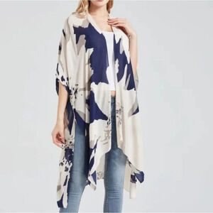 Women's White Navy Blue Casual Print Short Sleeve swim Cardigan kaftan c…